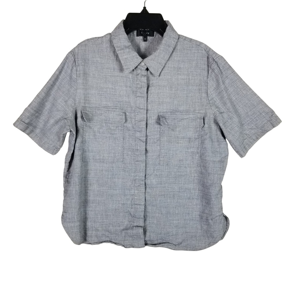 Theory Button Down Shirt Women Medium Grey Short Sleeve Utility Heathered Top